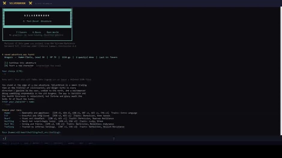 Silverbrook: a Text-Based RPG screenshot 1